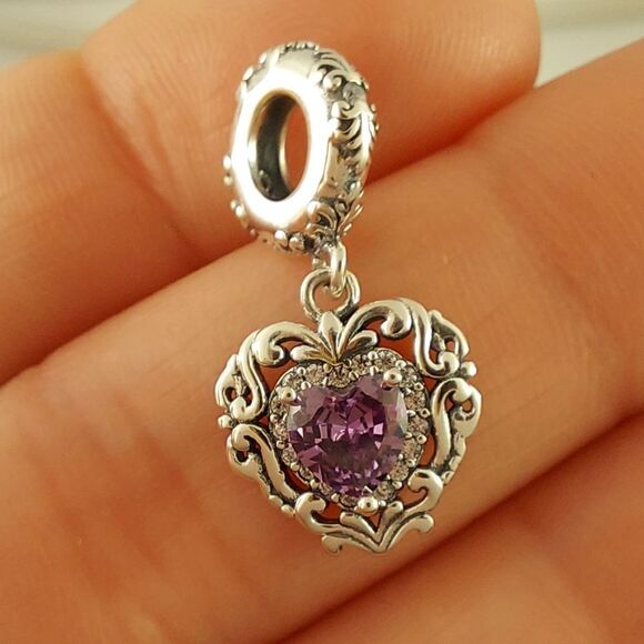 925 Sterling Silver Vintage Heart Dangle Charm - Picture 4 of 8